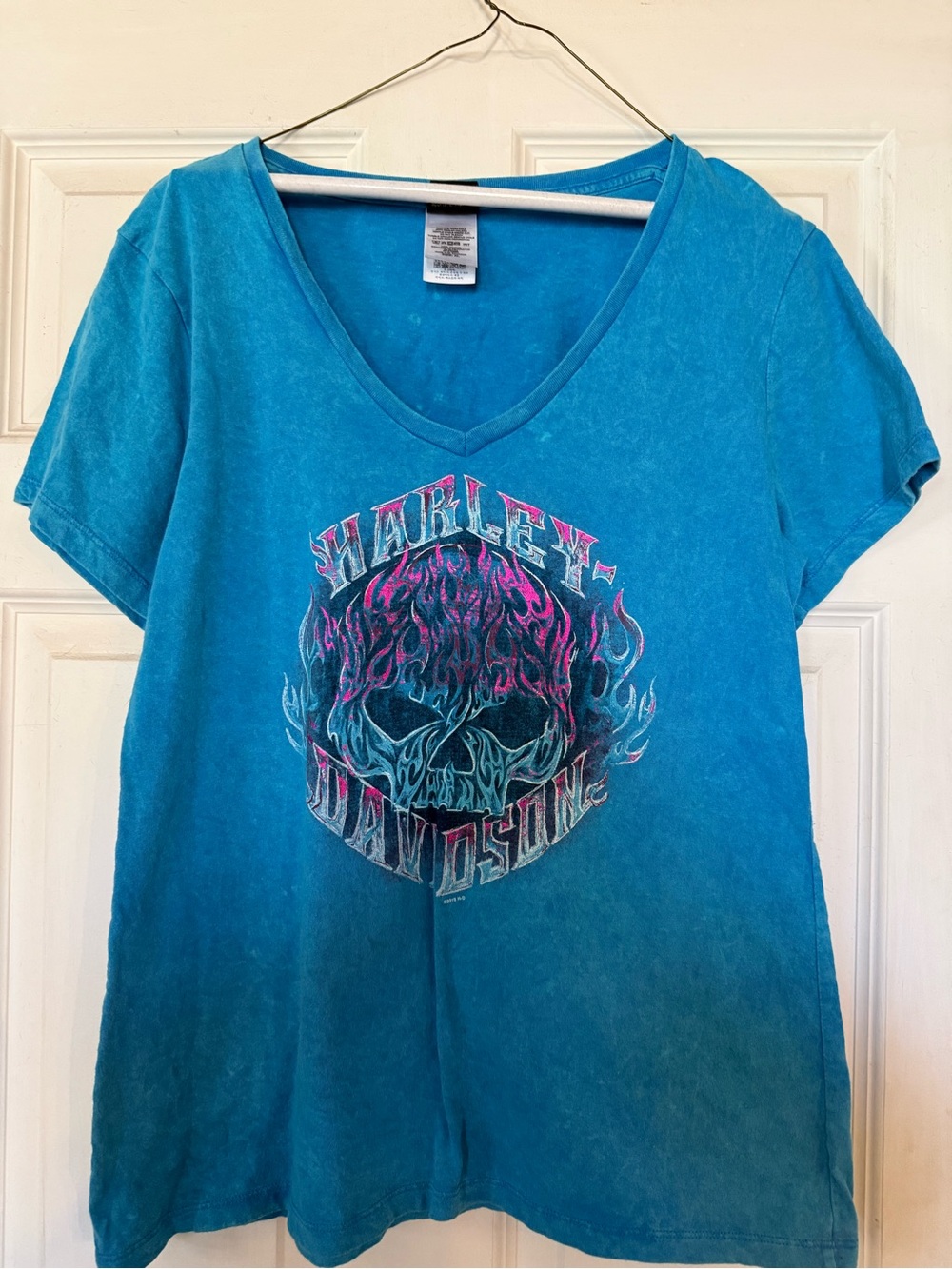Harley-Davidson Turquoise V-Neck Skull Flame Graphic Tee